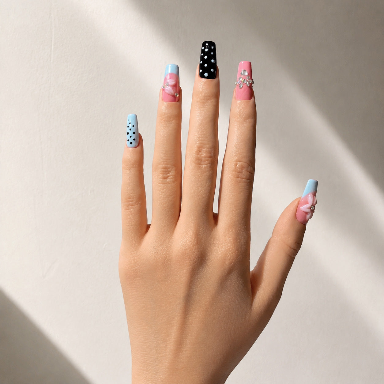 Handmade press on nails medium coffin nude base with blue french tip & polka dot accent 3D floral design detail-Soft Color Dots A076