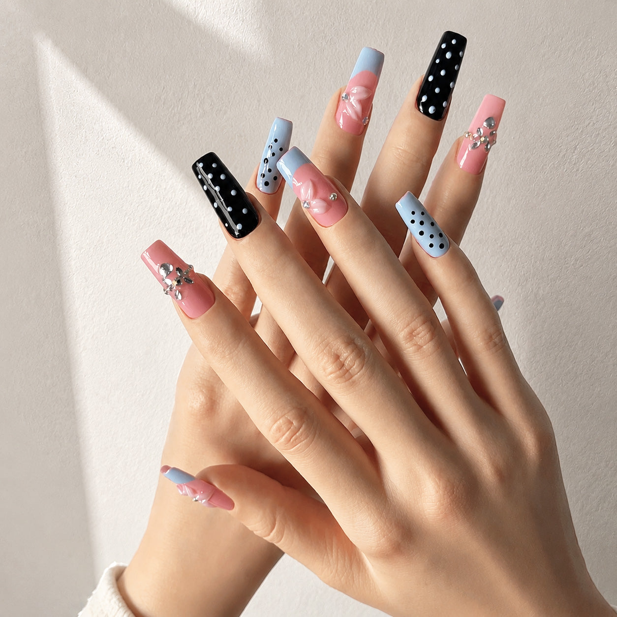 Handmade press on nails medium coffin nude base with blue french tip & polka dot accent 3D floral design detail-Soft Color Dots A076
