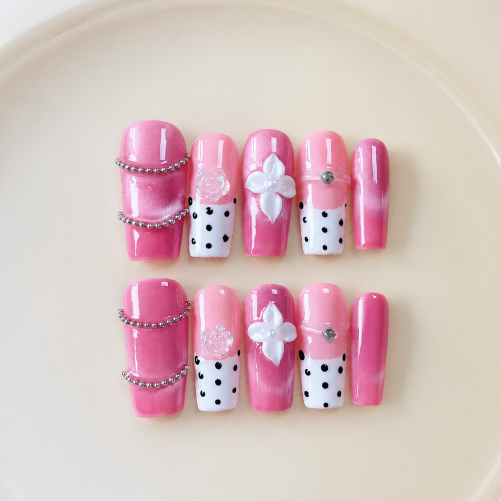 Handmade barbie pink cat eye french nails polka dot 3D flower press on nails medium coffin-Sweet Dot A081