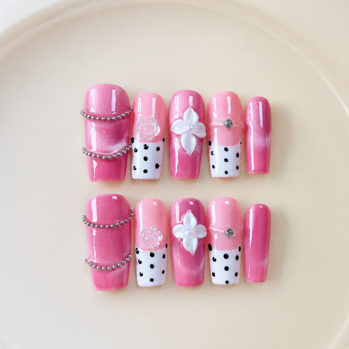 Handmade barbie pink cat eye french nails polka dot 3D flower press on nails medium coffin-Sweet Dot A081