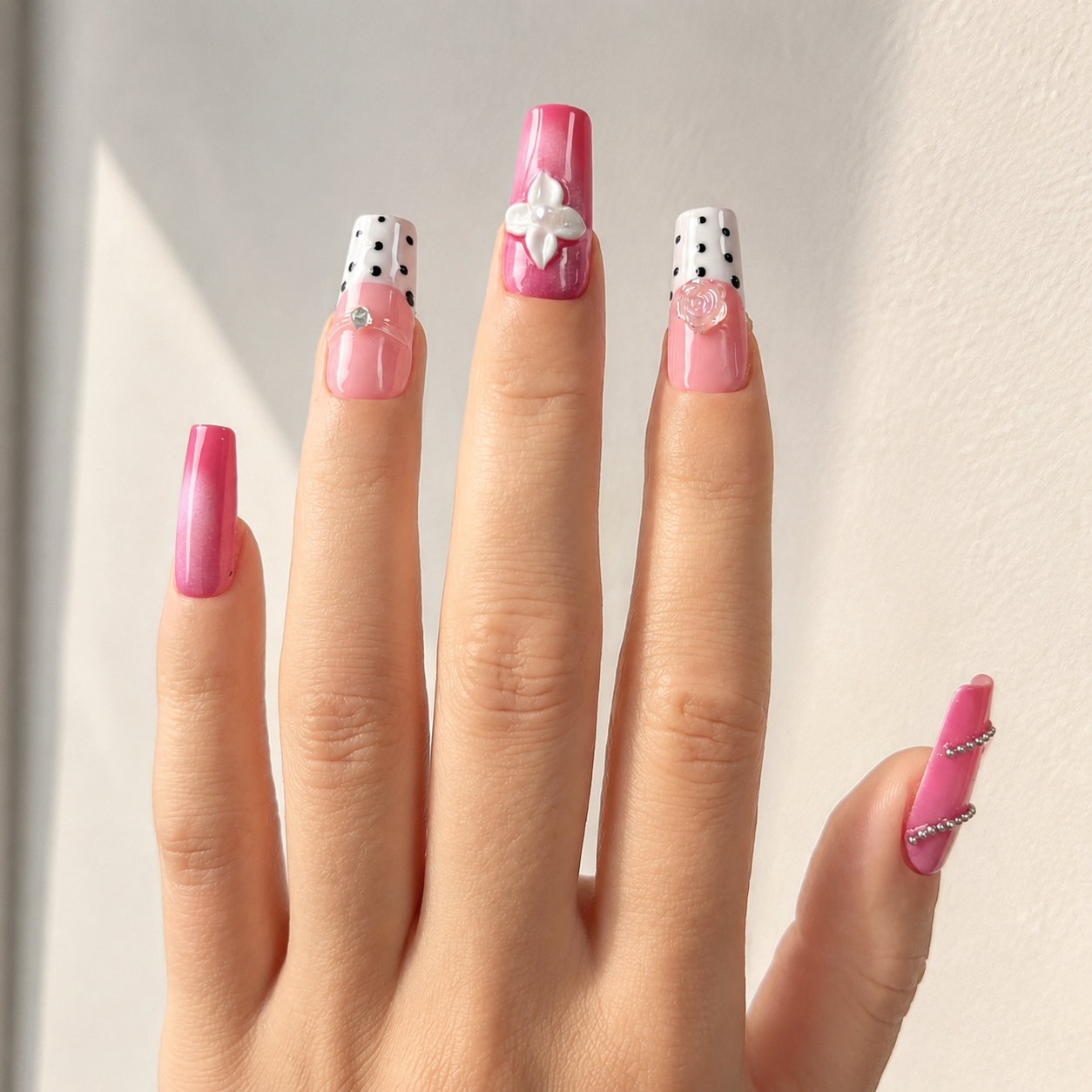 Handmade barbie pink cat eye french nails polka dot 3D flower press on nails medium coffin-Sweet Dot A081