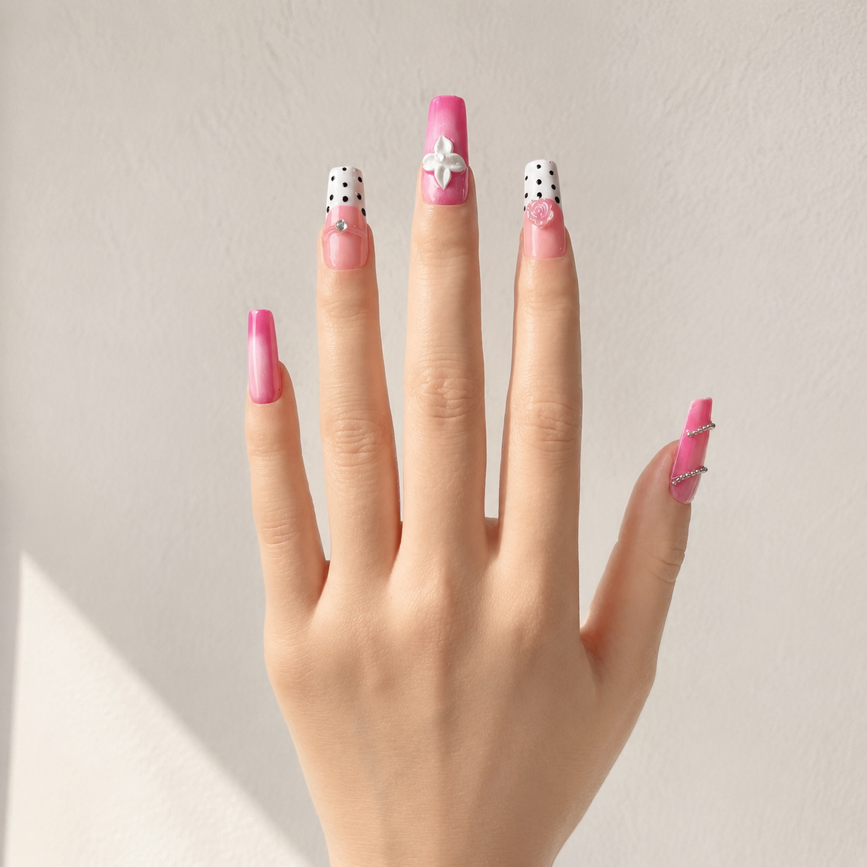 Handmade barbie pink cat eye french nails polka dot 3D flower press on nails medium coffin-Sweet Dot A081