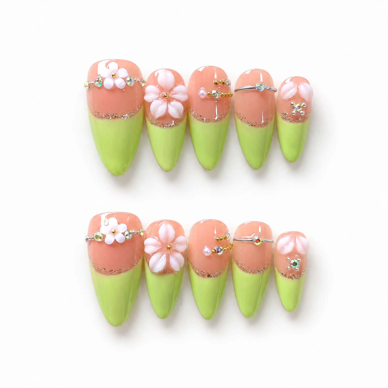 Handmade nude green french press on nails 3D flower floral nail set medium almond-Daisy Glow A082