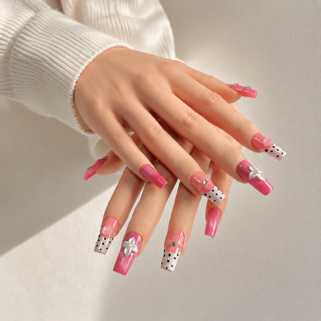 Handmade barbie pink cat eye french nails polka dot 3D flower press on nails medium coffin-Sweet Dot A081