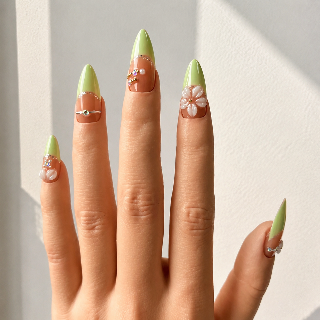 Handmade nude green french press on nails 3D flower floral nail set medium almond-Daisy Glow A082