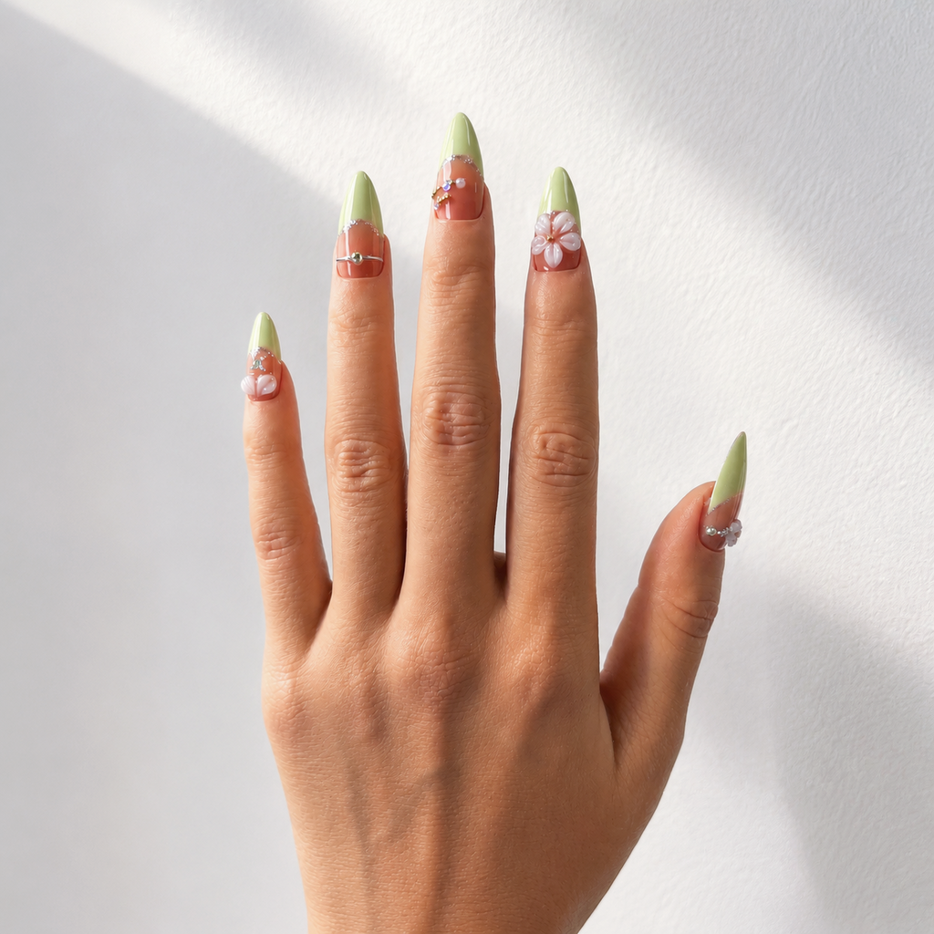 Handmade nude green french press on nails 3D flower floral nail set medium almond-Daisy Glow A082