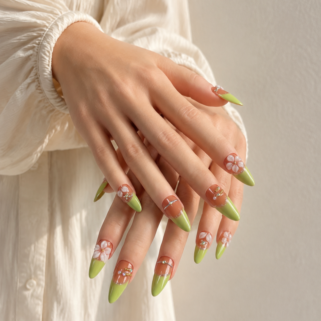 Handmade nude green french press on nails 3D flower floral nail set medium almond-Daisy Glow A082