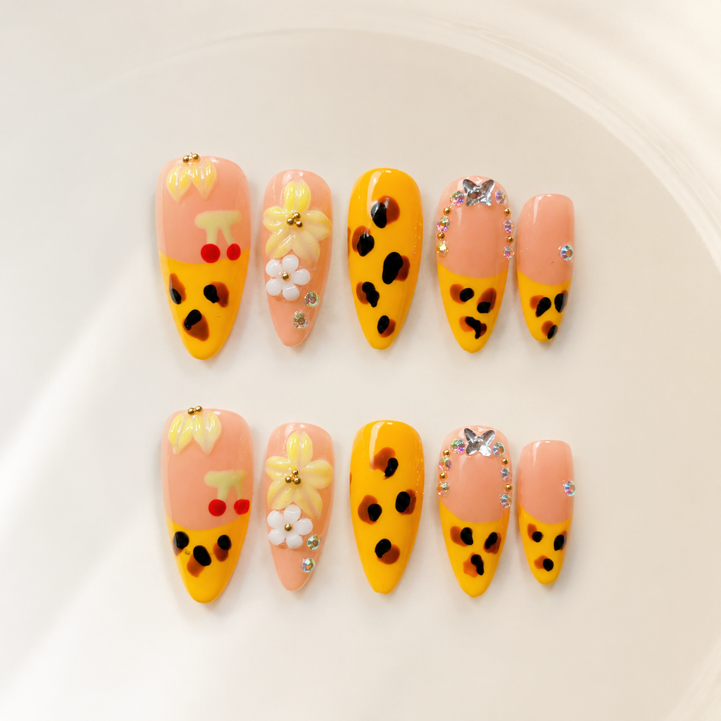 Handmade nude yellow french leopard print press on nails 3D flower floral medium almond nails-Golden Leopard A088