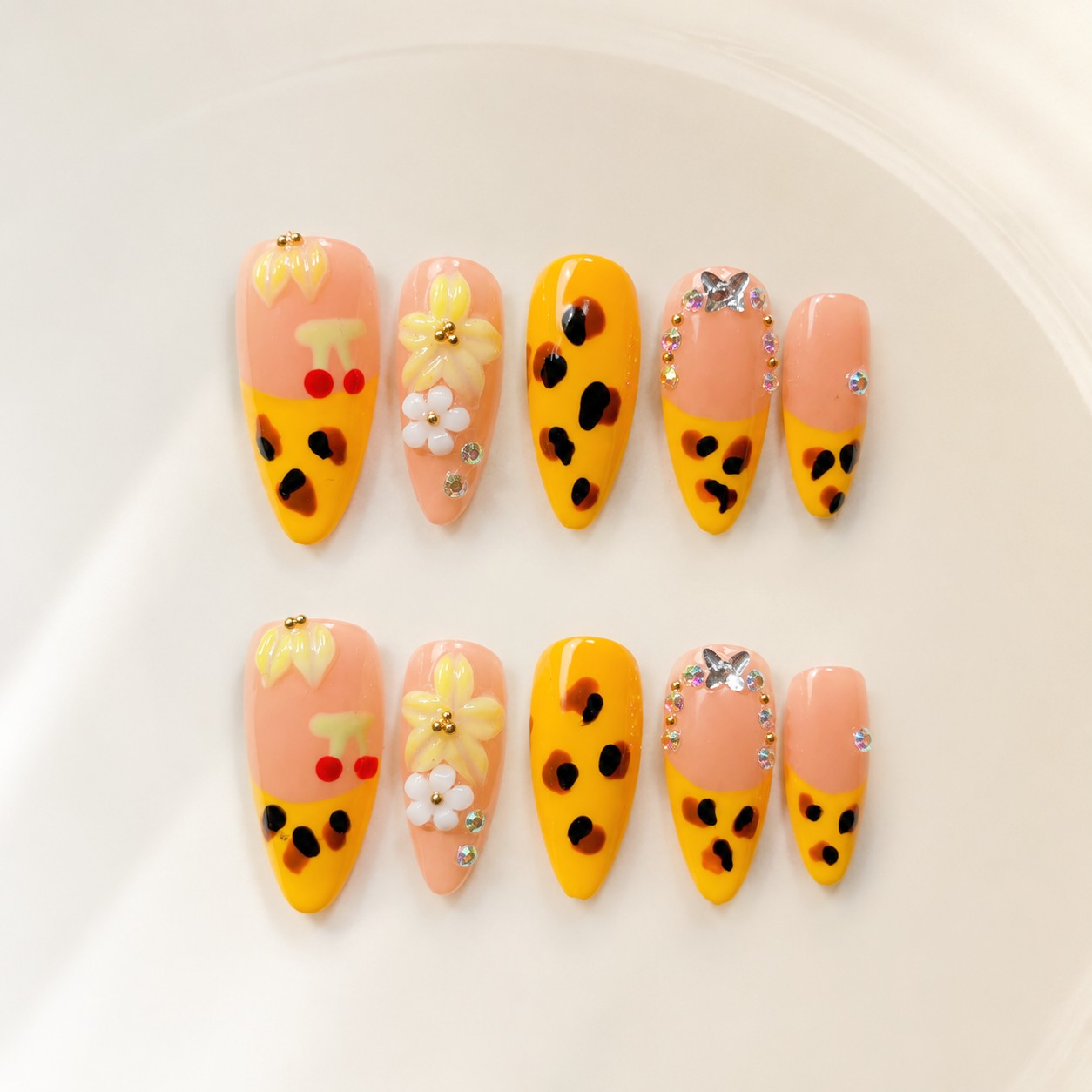 Handmade nude yellow french leopard print press on nails 3D flower floral medium almond nails-Golden Leopard A088