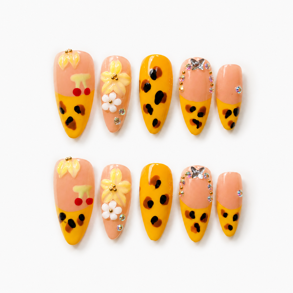 Handmade nude yellow french leopard print press on nails 3D flower floral medium almond nails-Golden Leopard A088