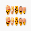 Handmade nude yellow french leopard print press on nails 3D flower floral medium almond nails-Golden Leopard A088