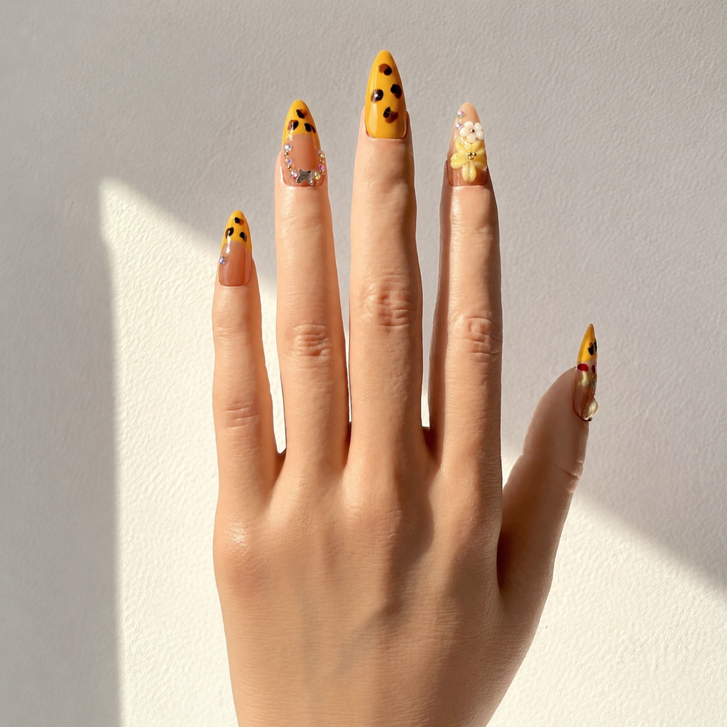 Handmade nude yellow french leopard print press on nails 3D flower floral medium almond nails-Golden Leopard A088
