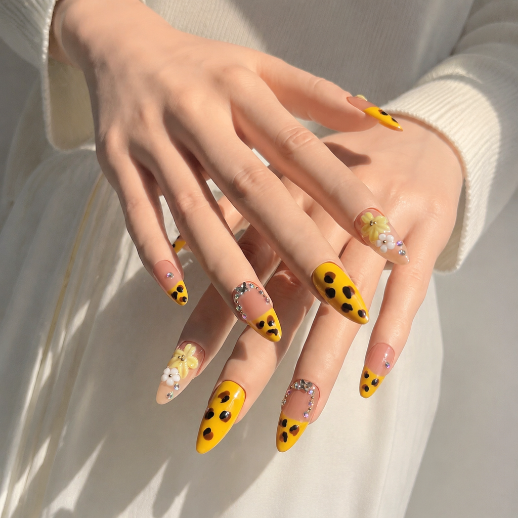 Handmade nude yellow french leopard print press on nails 3D flower floral medium almond nails-Golden Leopard A088