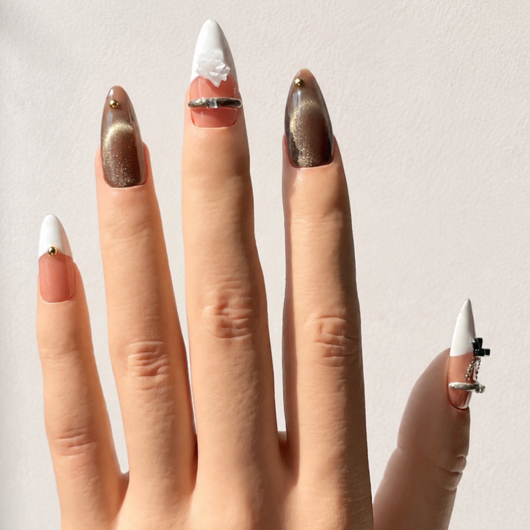 Handmade nude&brown cat eye with french tip press on nails 3D floral and bow-Mocha Cocoa A089