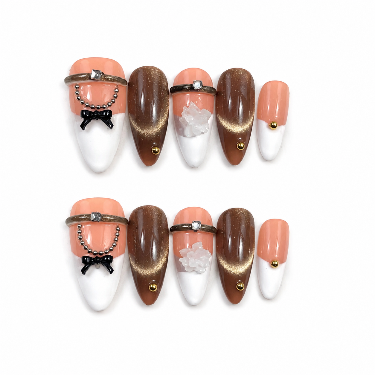 Handmade nude&brown cat eye with french tip press on nails 3D floral and bow-Mocha Cocoa A089