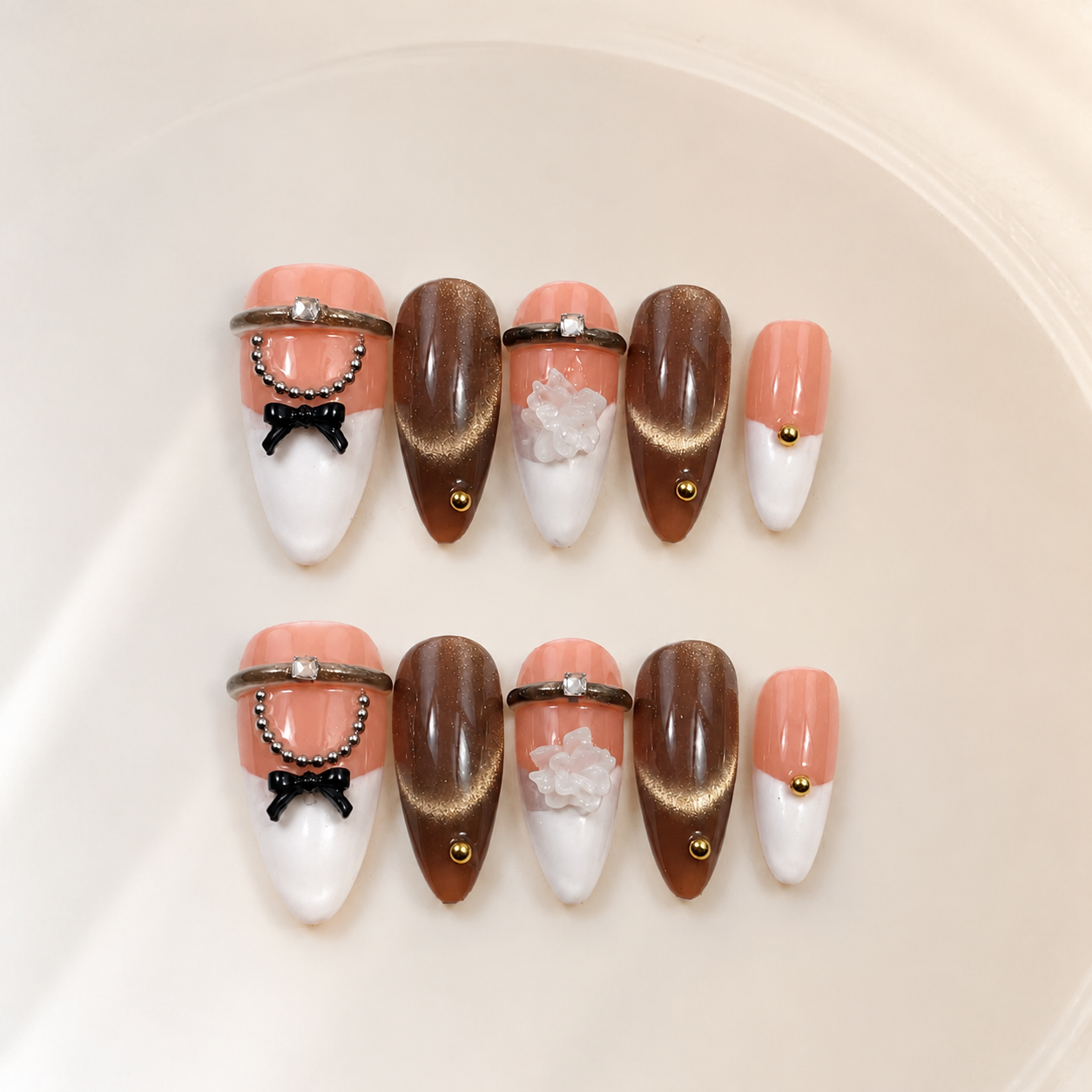 Handmade nude&brown cat eye with french tip press on nails 3D floral and bow-Mocha Cocoa A089