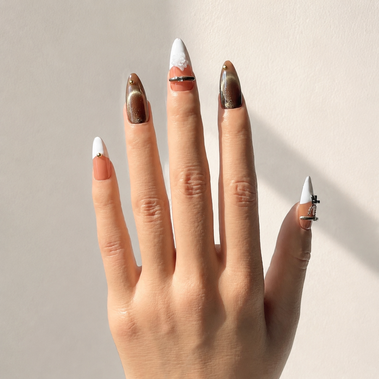 Handmade nude&brown cat eye with french tip press on nails 3D floral and bow-Mocha Cocoa A089
