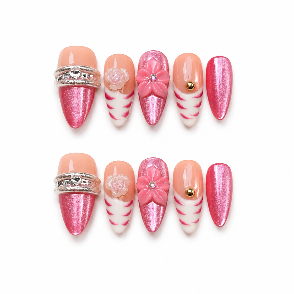Handmade Medium Almond Nails Pink Cat Eye Press On Nails With 3D Flower-Rosy Pop A090