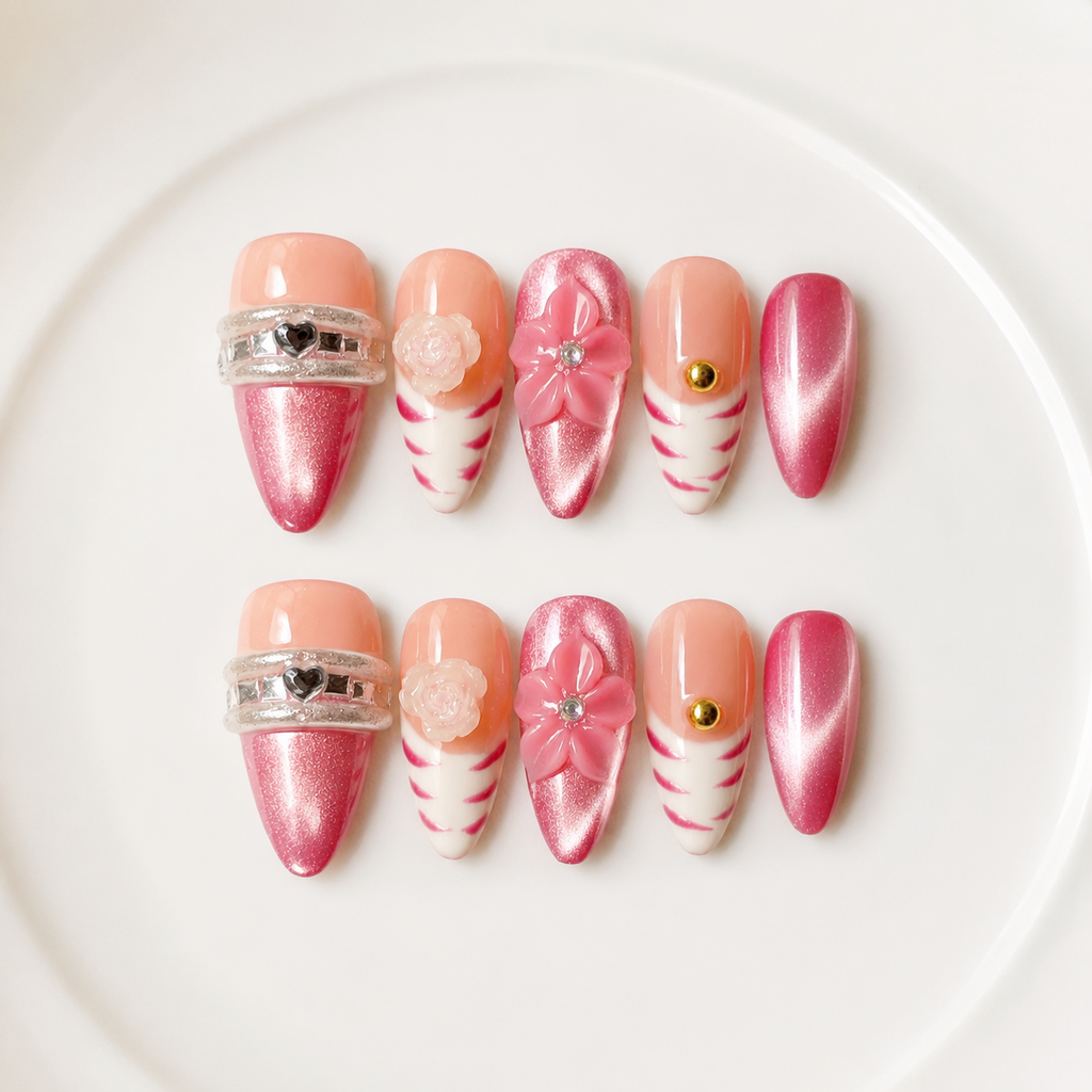 Handmade Medium Almond Nails Pink Cat Eye Press On Nails With 3D Flower-Rosy Pop A090