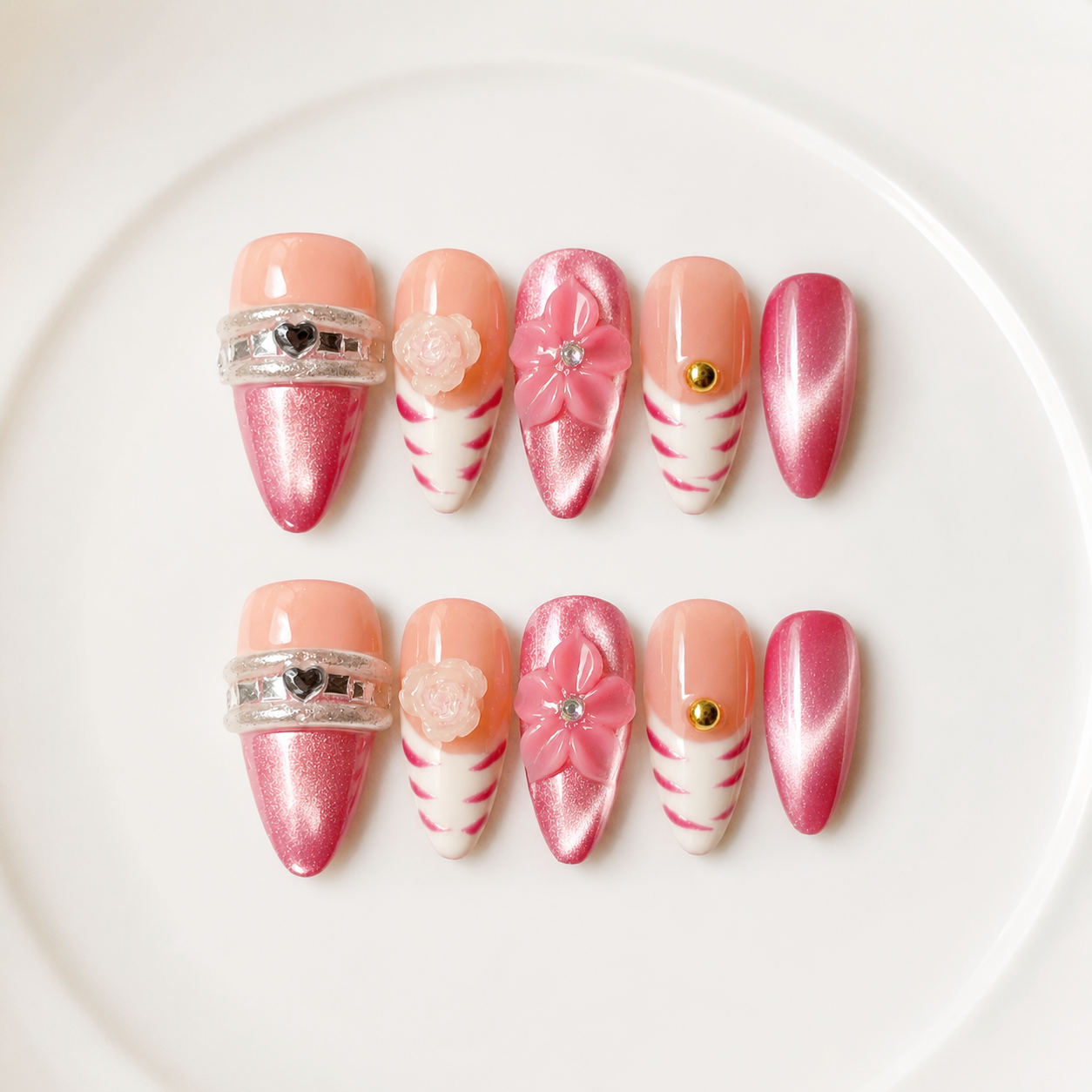 Handmade Medium Almond Nails Pink Cat Eye Press On Nails With 3D Flower-Rosy Pop A090