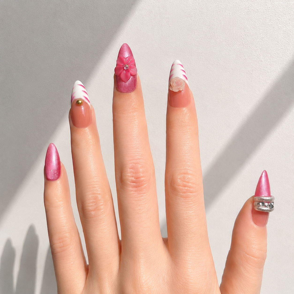 Handmade Medium Almond Nails Pink Cat Eye Press On Nails With 3D Flower-Rosy Pop A090