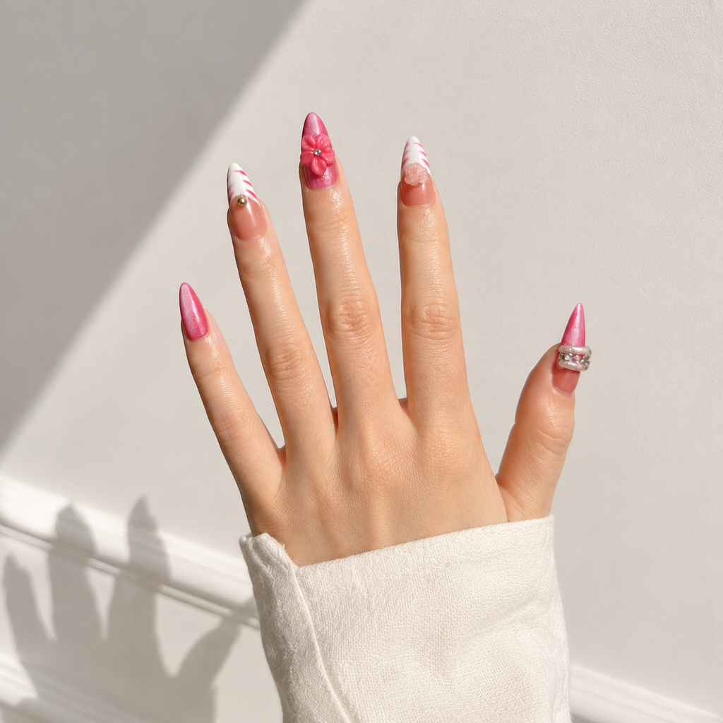 Handmade Medium Almond Nails Pink Cat Eye Press On Nails With 3D Flower-Rosy Pop A090