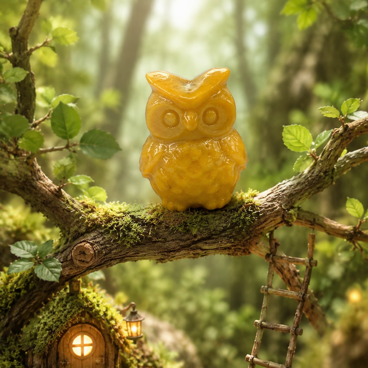 Multi-material handmade cute small owl carving-C048