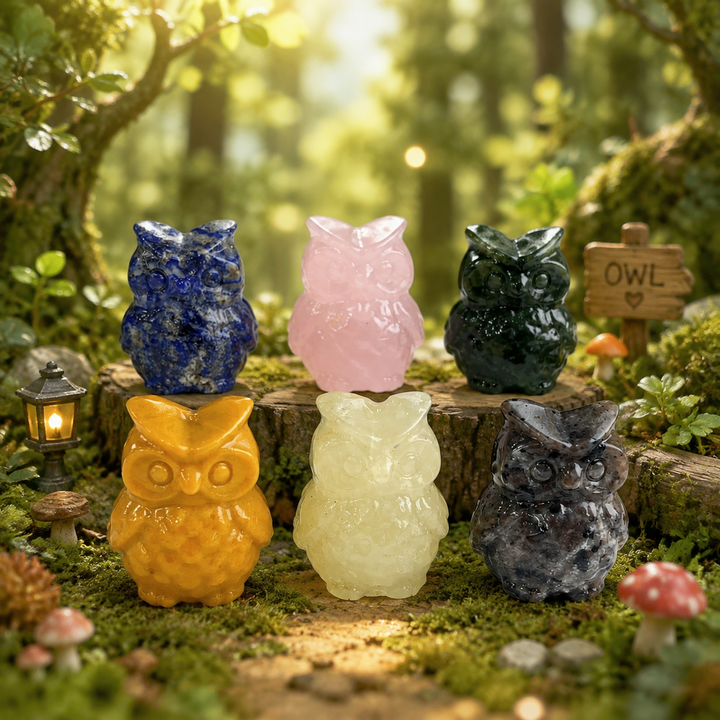 Multi-material handmade cute small owl carving-C048