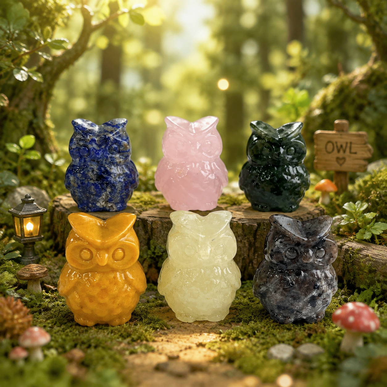 Multi-material handmade cute small owl carving-C048