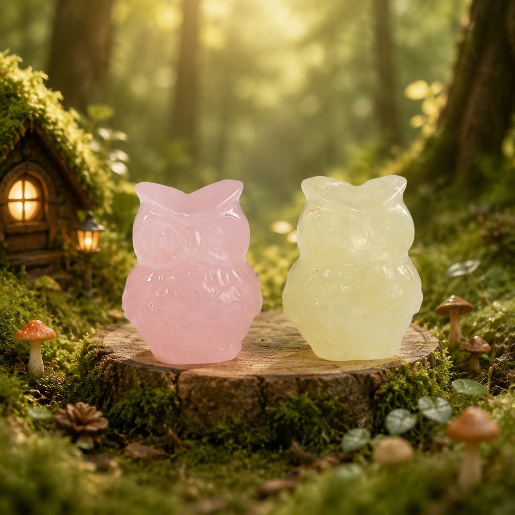 Multi-material handmade cute small owl carving-C048
