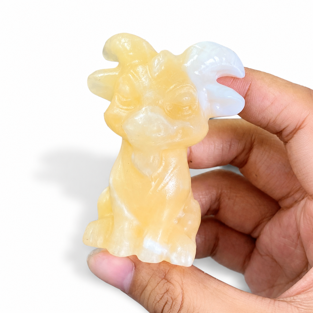 Multi-material handmade Cute Horned Goat crystal carving-C049