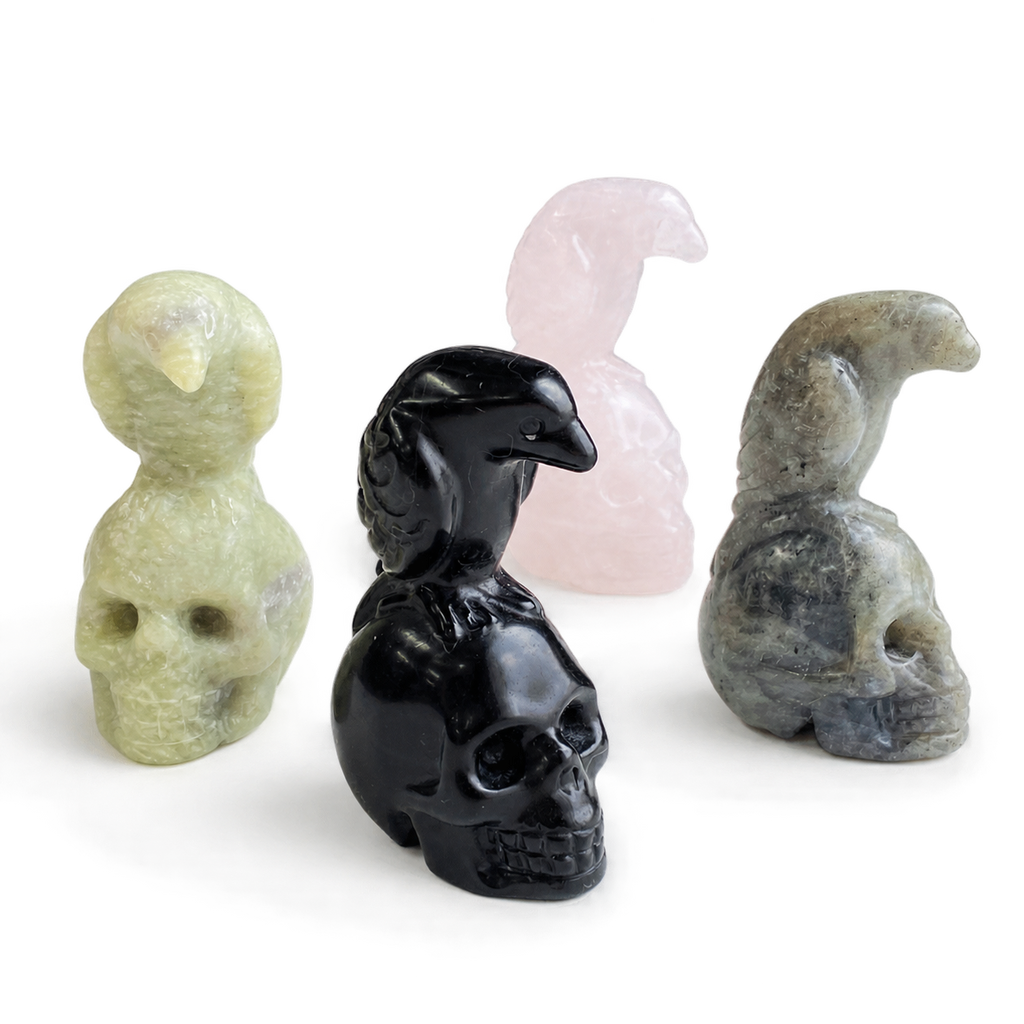 Multi-material crystal raven skull carving gothic crystal figurine-C057