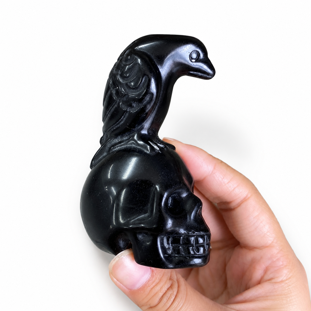 Multi-material crystal raven skull carving gothic crystal figurine-C057