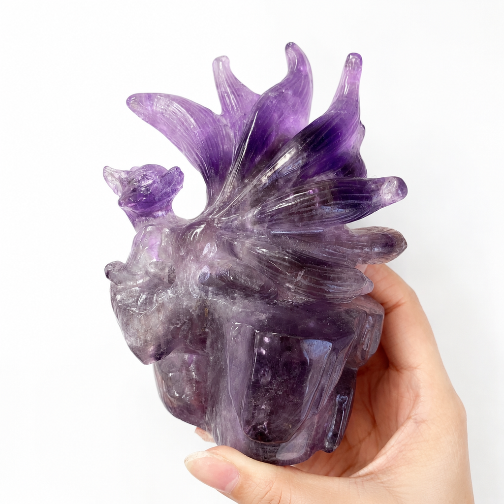 Unique 1pc crystal amethyst nine-tailed fox carving-U002