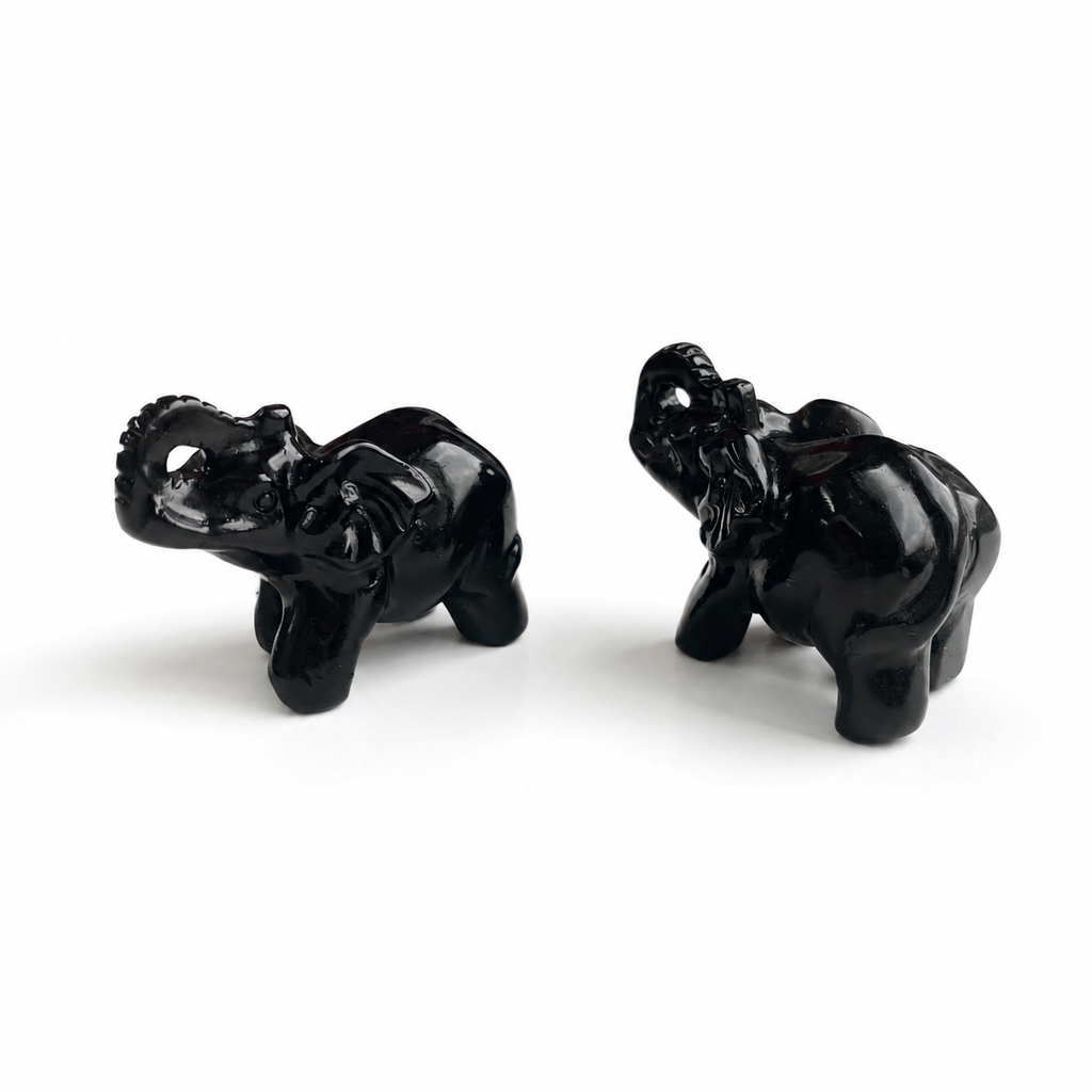 Handmade small black obsidian elephant crystal carving-C059
