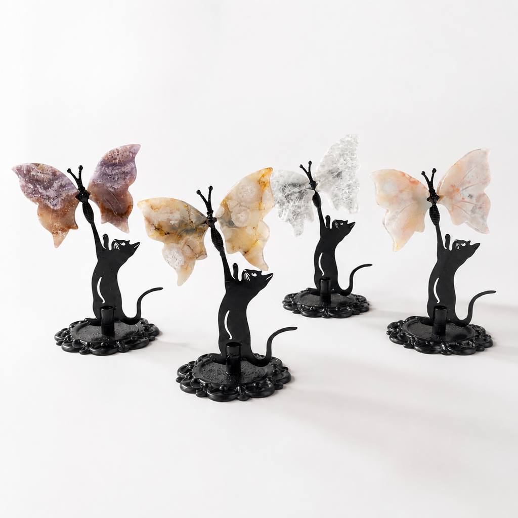 Crystal Butterfly Wing Carving with Cat Metal Stand (Mixed Materials)-C065