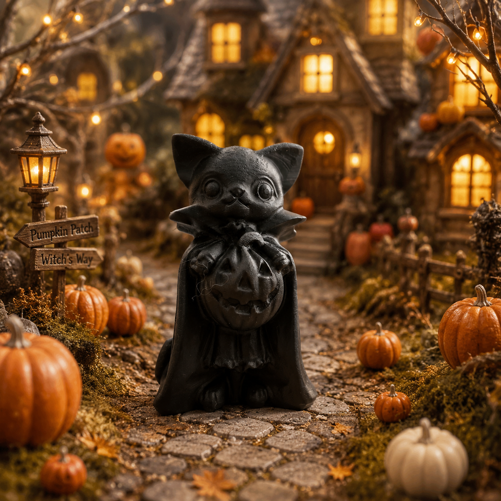 Handmade black frosted obsidian halloween cat crystal carving-C027