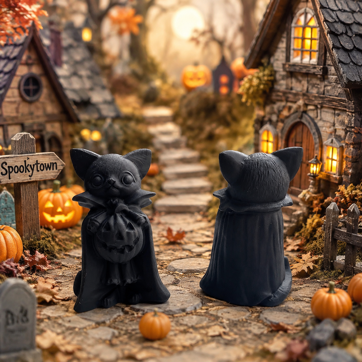 Handmade black frosted obsidian halloween cat crystal carving-C027