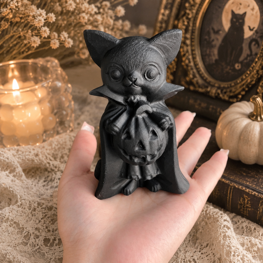 Handmade black frosted obsidian halloween cat crystal carving-C027