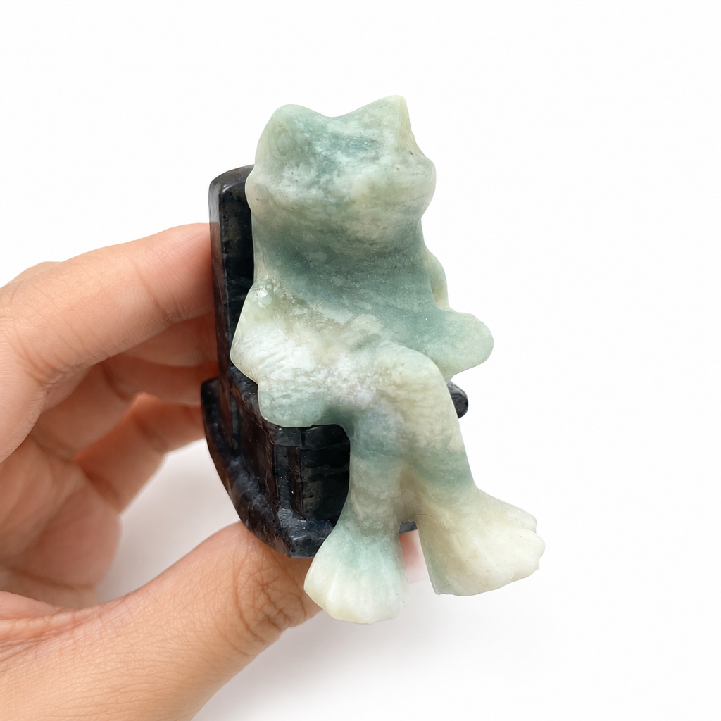 Multi-material handmade frog in a rocking chair crystal carving-C033