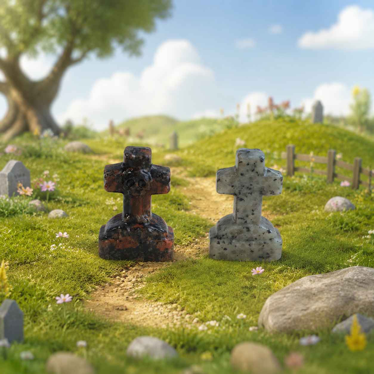 Multi-material handmade Tombstone with a skull and cross crystal carving-C037