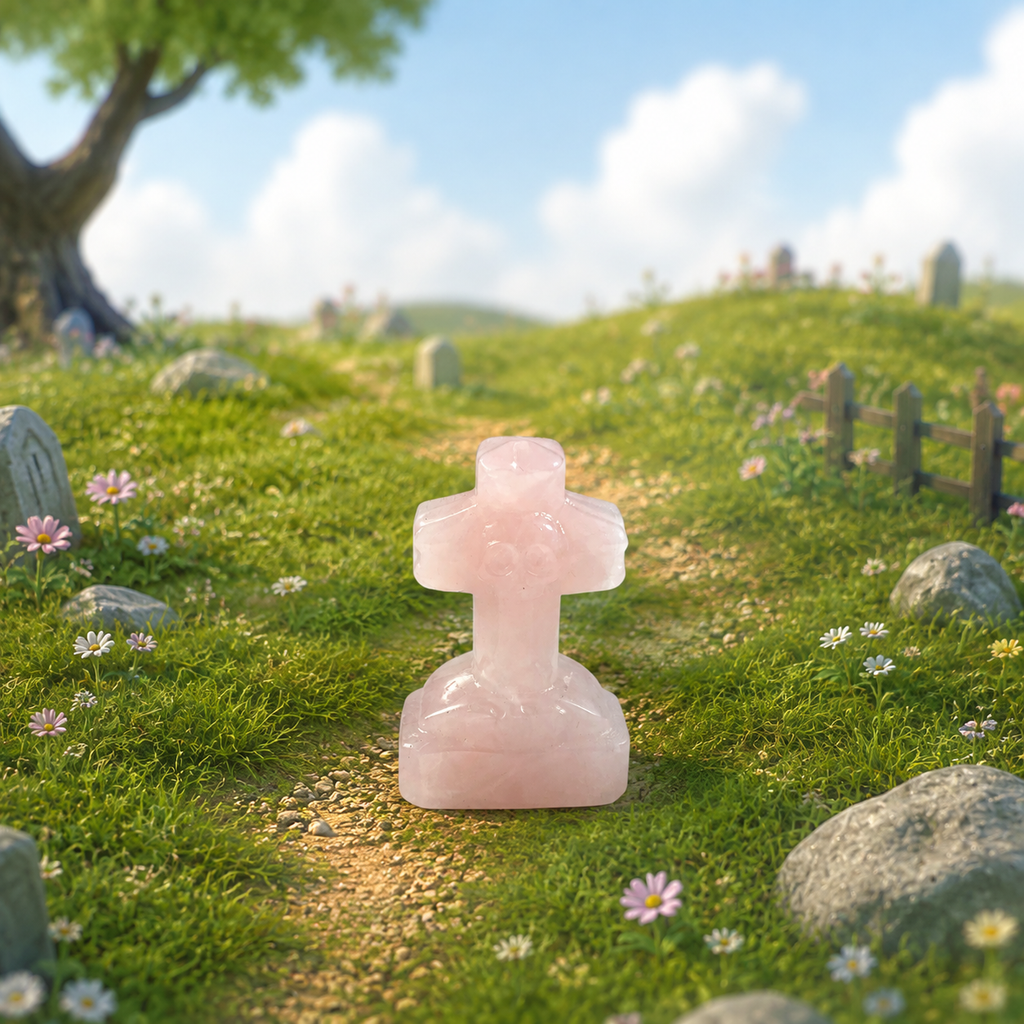 Multi-material handmade Tombstone with a skull and cross crystal carving-C037