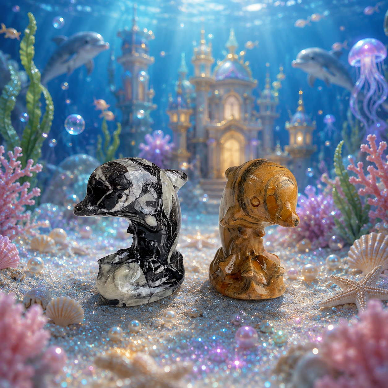 Multi-material handmade dolphin crystal carving-C041