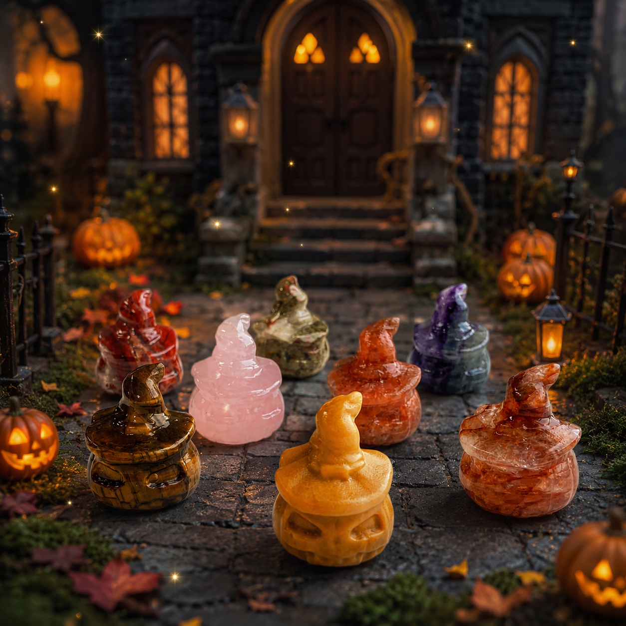 Multi-material handmade halloween witch hat pumpkin crystal carving-C042