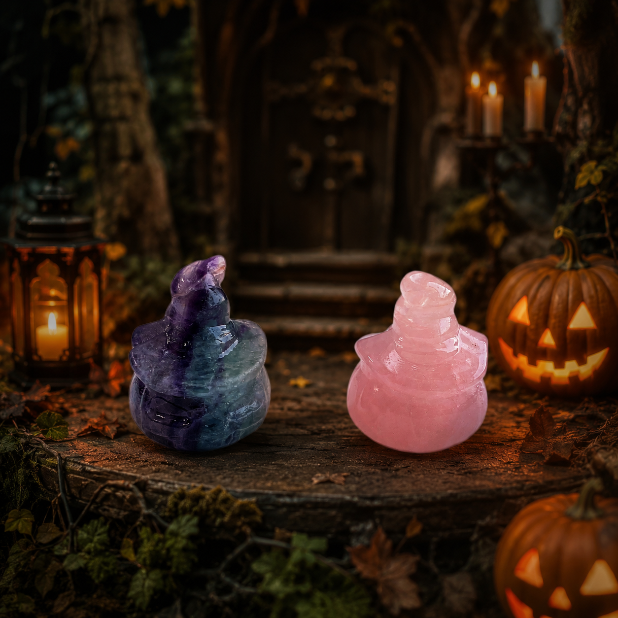 Multi-material handmade halloween witch hat pumpkin crystal carving-C042
