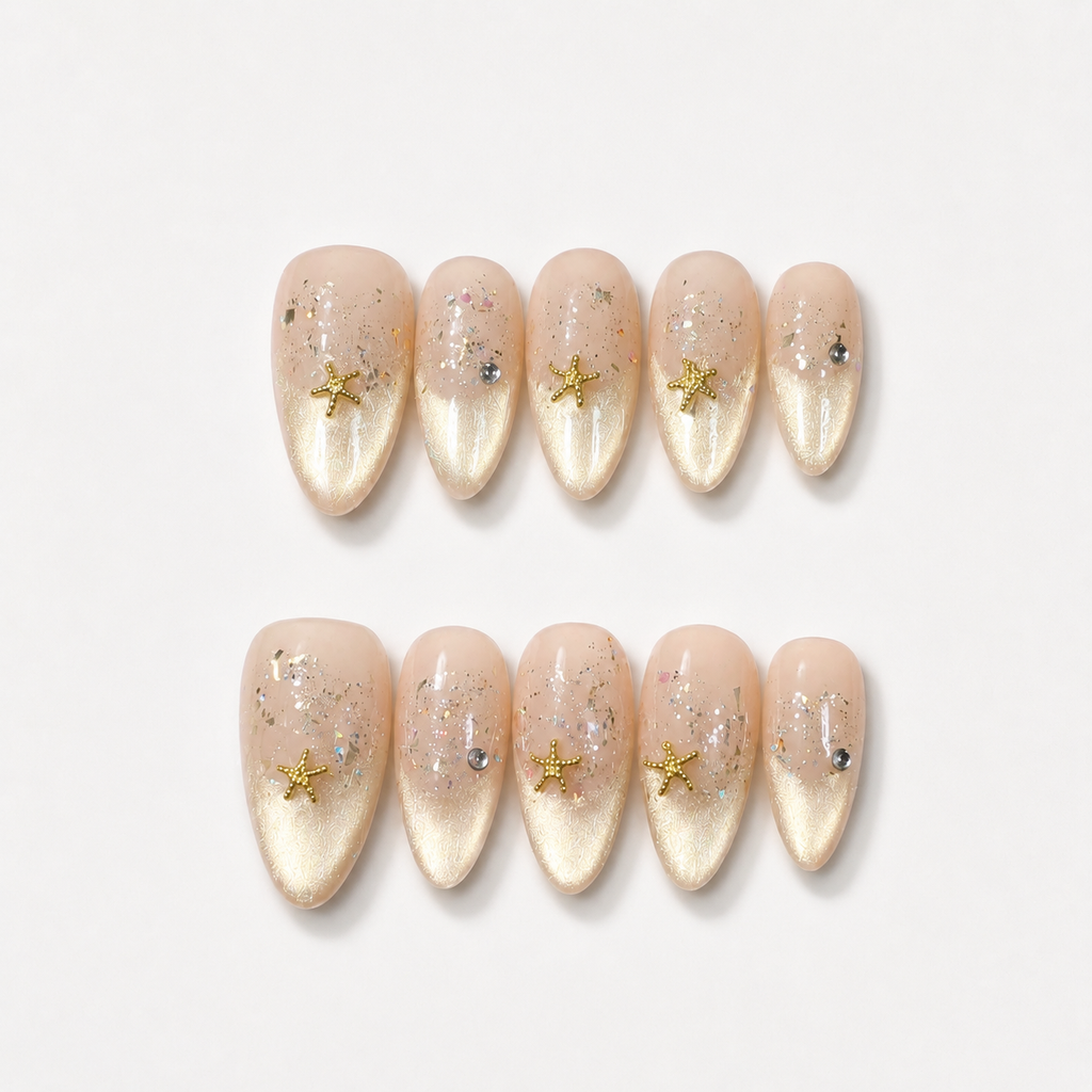 Handmade medium almond pearl starfish ombre cat eye with french nude gold glitter beach inspired elegant summer false nails-Golden Tide A038