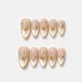 Handmade medium almond pearl starfish ombre cat eye with french nude gold glitter beach inspired elegant summer false nails-Golden Tide A038