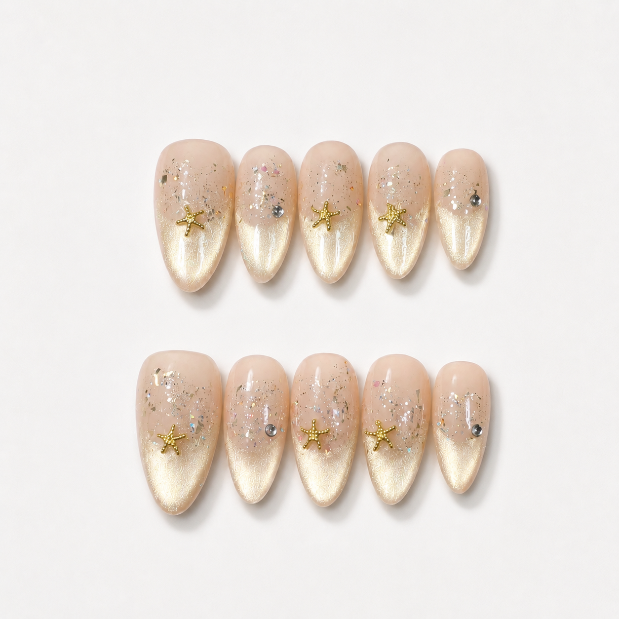 Handmade medium almond pearl starfish ombre cat eye with french nude gold glitter beach inspired elegant summer false nails-Golden Tide A038