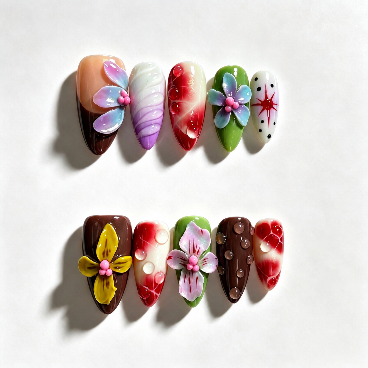 Elegant handmade nails 3D purple flower design with pearl details medium almond Nails feminine vibe-Glass Garden Theory A002