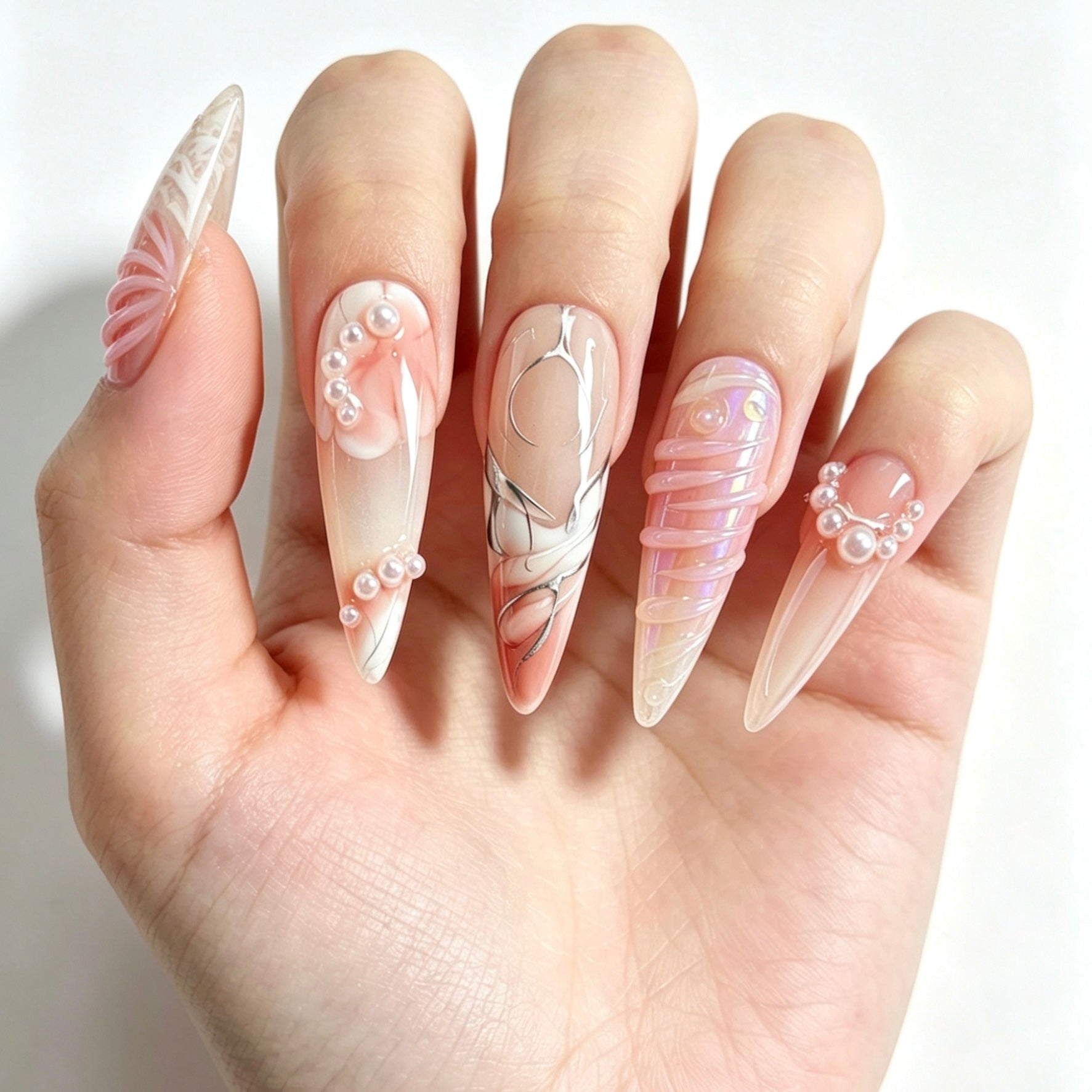 Handmade long Stiletto Nude Press On Nails Set, 3D Flower Pearl Embellished Nails-Pearl Hardware A004